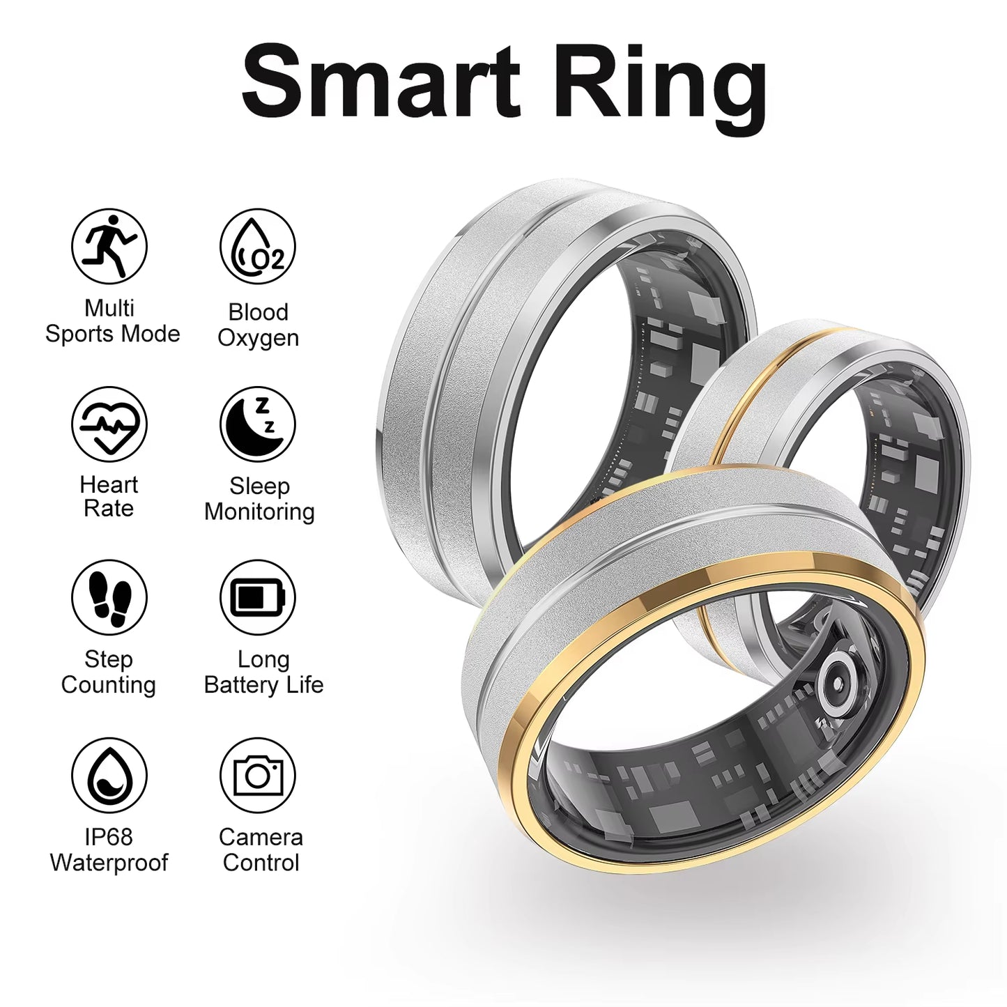 2024 Smart Ring for Men Women Heart Rate Blood Oxygen Monitoring Multi Sports Modes IP68 Waterproof Smart Rings Charging Case