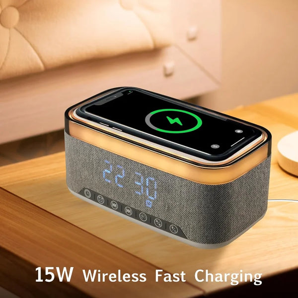 Wireless Charging Alarm Clock with Bluetooth Speaker & White Noise Machine, 15W Fast Charger, Fm Radio, Sleep Timer, 12-Color Ni