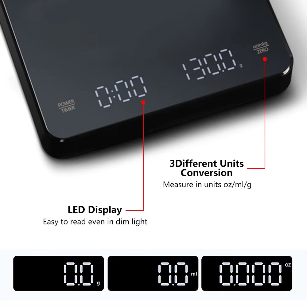 Digital Coffee Scale with Timer LED Screen Espresso USB 3Kg Max.Weighing 0.1G High Precision Measures in Oz/Ml/G Kitchen Scale