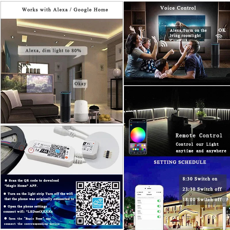 RGBW LED Strip Lights Bluetooth 5050 DC 12V RGB WIFI Flexible Ribbon Waterproof Diode Light Bedroom TV Computer Set+Power Supply