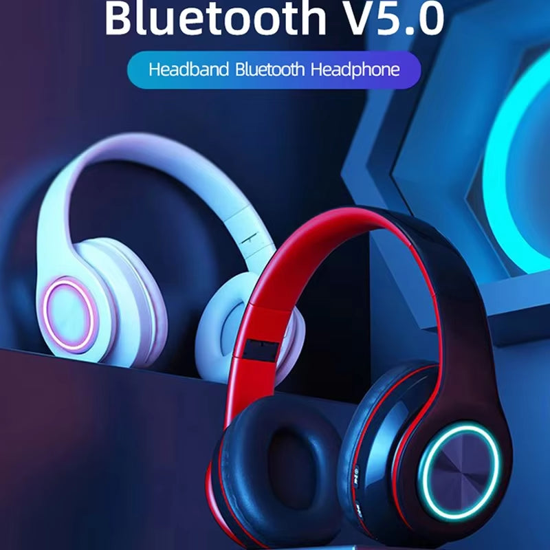 B39 LED Bluetooth V5.0 Headset Sports Wireless Headphone Subwoofer Wireless Stereo Support Card Earphone White for All Phone