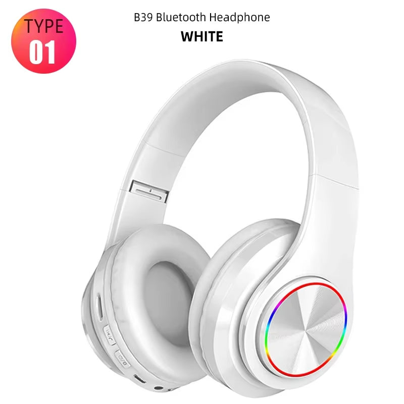 B39 LED Bluetooth V5.0 Headset Sports Wireless Headphone Subwoofer Wireless Stereo Support Card Earphone White for All Phone