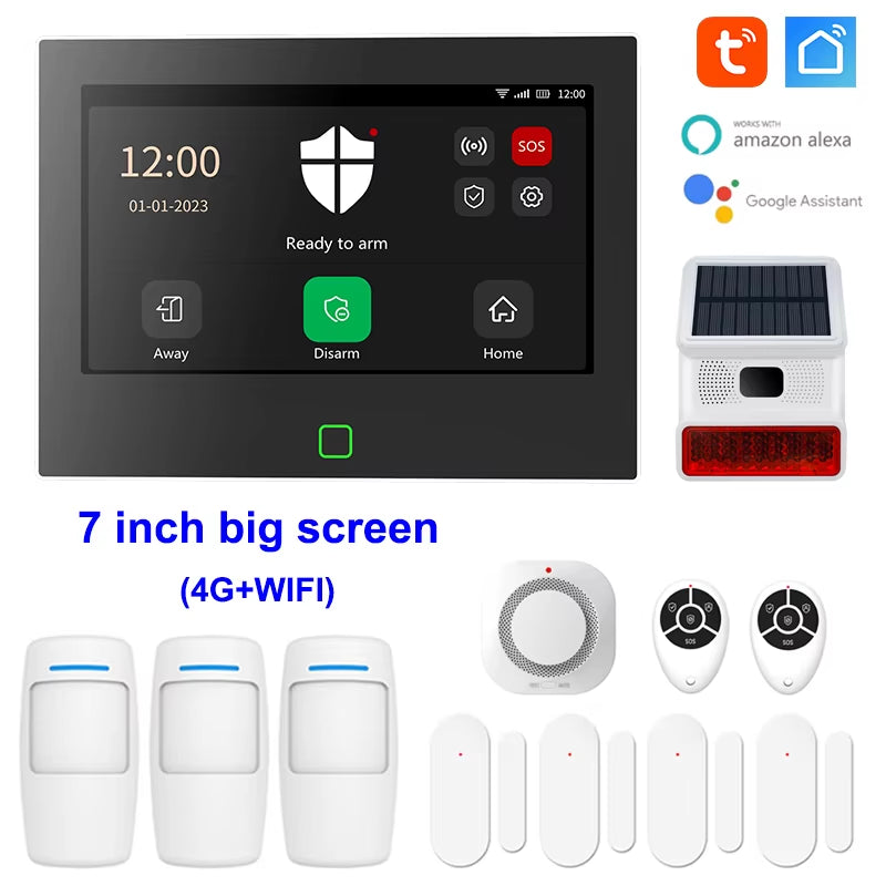 7 Inch 4G & Wifi Home Alarm Host System Wireless GSM Big Screen Touch Panel Tuya Smart Security Protection Kit Remote Control