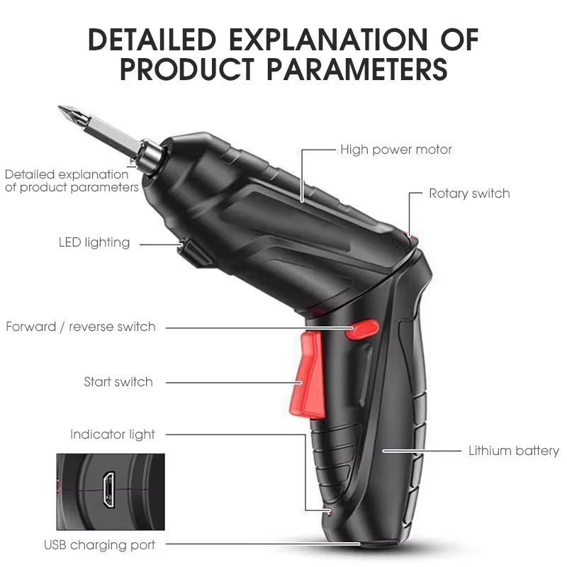 2/47Pcs 3.6V Screwdriver Kit Rechargeable Lithium Battery Cordless Electric Screwdriver Drill Kit Folding Home Power Tools