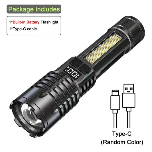 High Power LED Flashlight Powerful TYPE-C Rechargeable COB Flashlight with Side Light Torch for Outdoor Camping Hiking