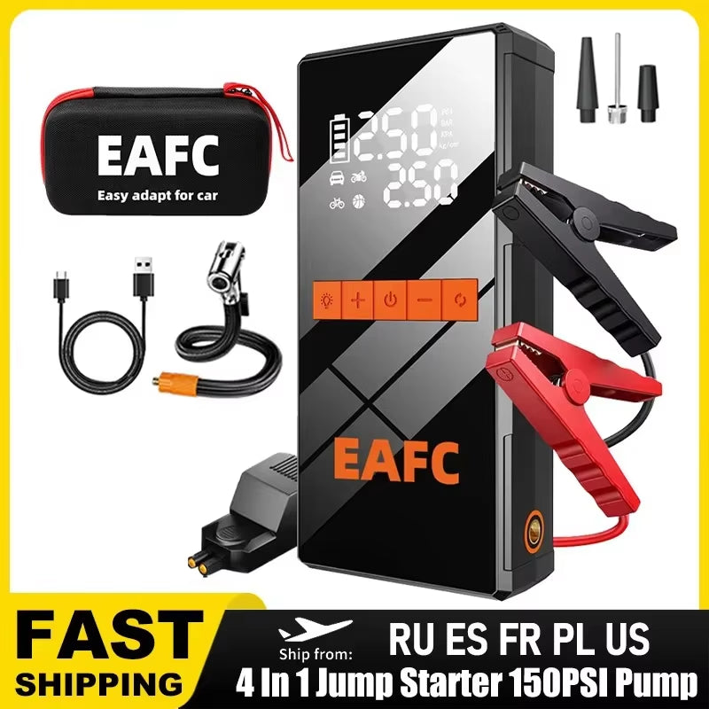 12V Car Jump Starter 4 in 1 Car Wireless Tire Inflator Pump Air Compressor Power Bank Potable Battery Starting Fast Charging