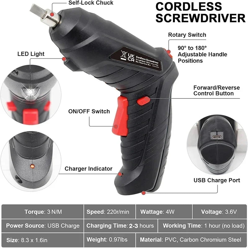 2/47Pcs 3.6V Screwdriver Kit Rechargeable Lithium Battery Cordless Electric Screwdriver Drill Kit Folding Home Power Tools