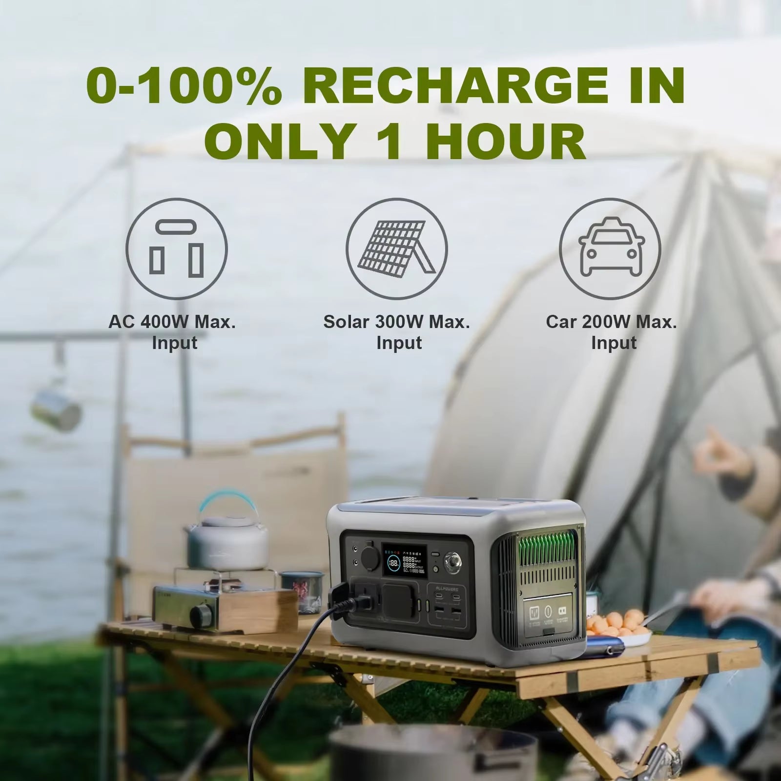 Portable Power Station R600, 299Wh Lifep04 Battery with 2X 600W DC AC Outlets Solar Generator for Camping RV Home