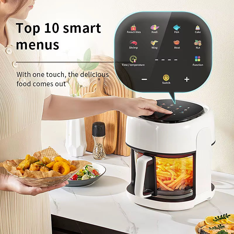 Smart Electric Air Fryer Large Capacity Convection Oven Deep Fryer without Oil Kitchen 360°Baking Viewable Window Home Appliance