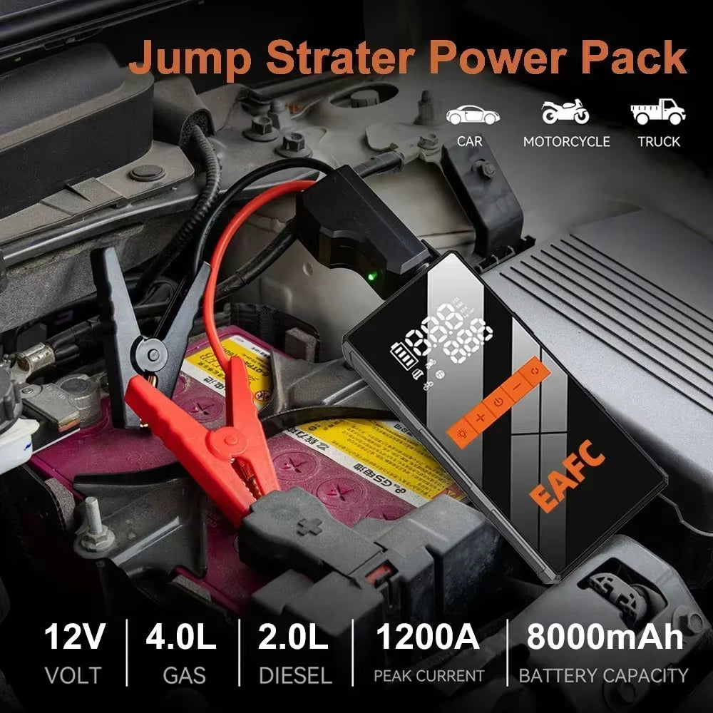 12V Car Jump Starter 4 in 1 Car Wireless Tire Inflator Pump Air Compressor Power Bank Potable Battery Starting Fast Charging