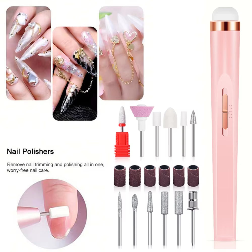 Electric Nail Polish Drill Set Machine with Light Portable with Battery Mini Electric Manicure Art Pen Tools for Gel Remover