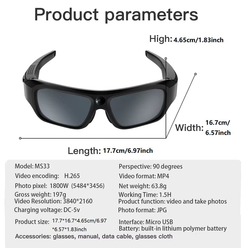 4K HD Glasses Camera Video Driving Record Cycling Video Smart Glasses with Eyewear Camcorder for Outdoor Mini Camera