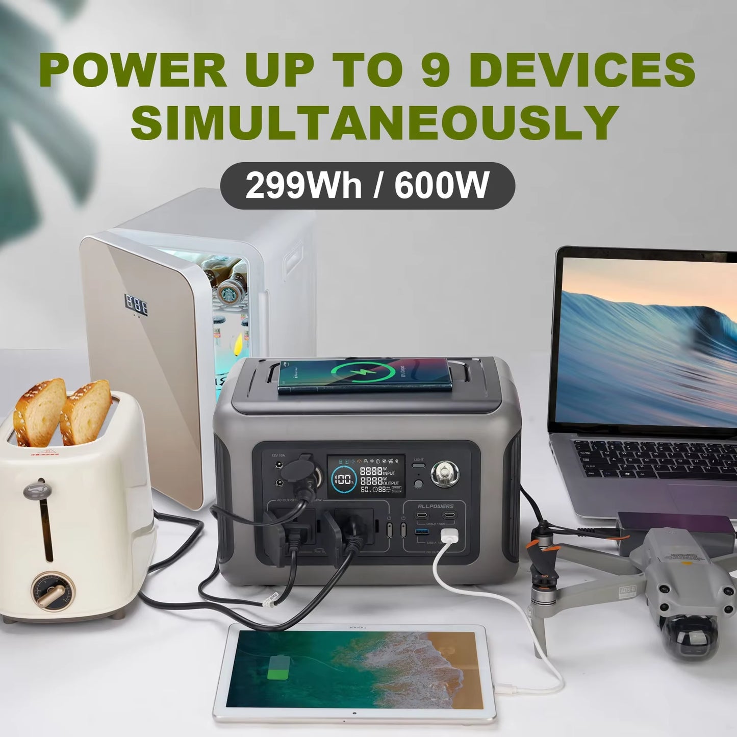 Portable Power Station R600, 299Wh Lifep04 Battery with 2X 600W DC AC Outlets Solar Generator for Camping RV Home