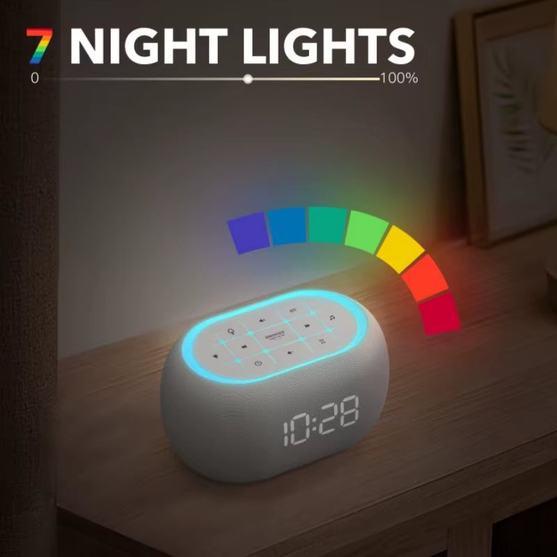 White Noise Alarm Clock with Bluetooth Speaker 21 Relaxing Sounds 7 Night Lights 0-100% Dimming Sleep Timer Sleep Bedroom