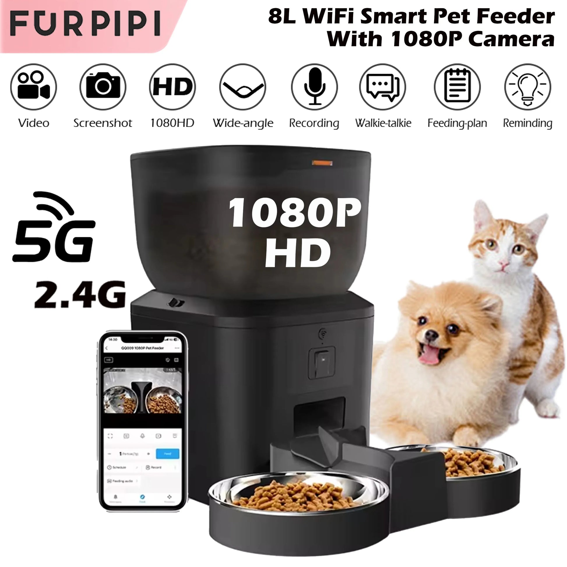 Automatic Cat Feeder with 1080P Camera Video Cat Food Dispenser Pet Smart Voice Recorder Remote Control Auto Feeder for Cat Dog