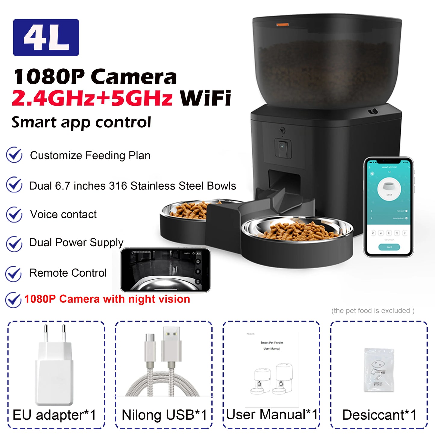 Automatic Cat Feeder with 1080P Camera Video Cat Food Dispenser Pet Smart Voice Recorder Remote Control Auto Feeder for Cat Dog