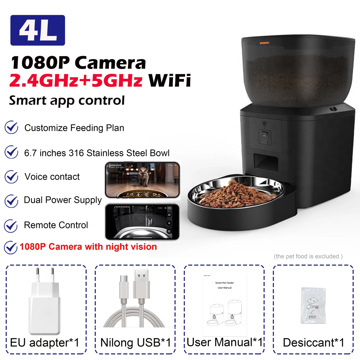 Automatic Cat Feeder with 1080P Camera Video Cat Food Dispenser Pet Smart Voice Recorder Remote Control Auto Feeder for Cat Dog