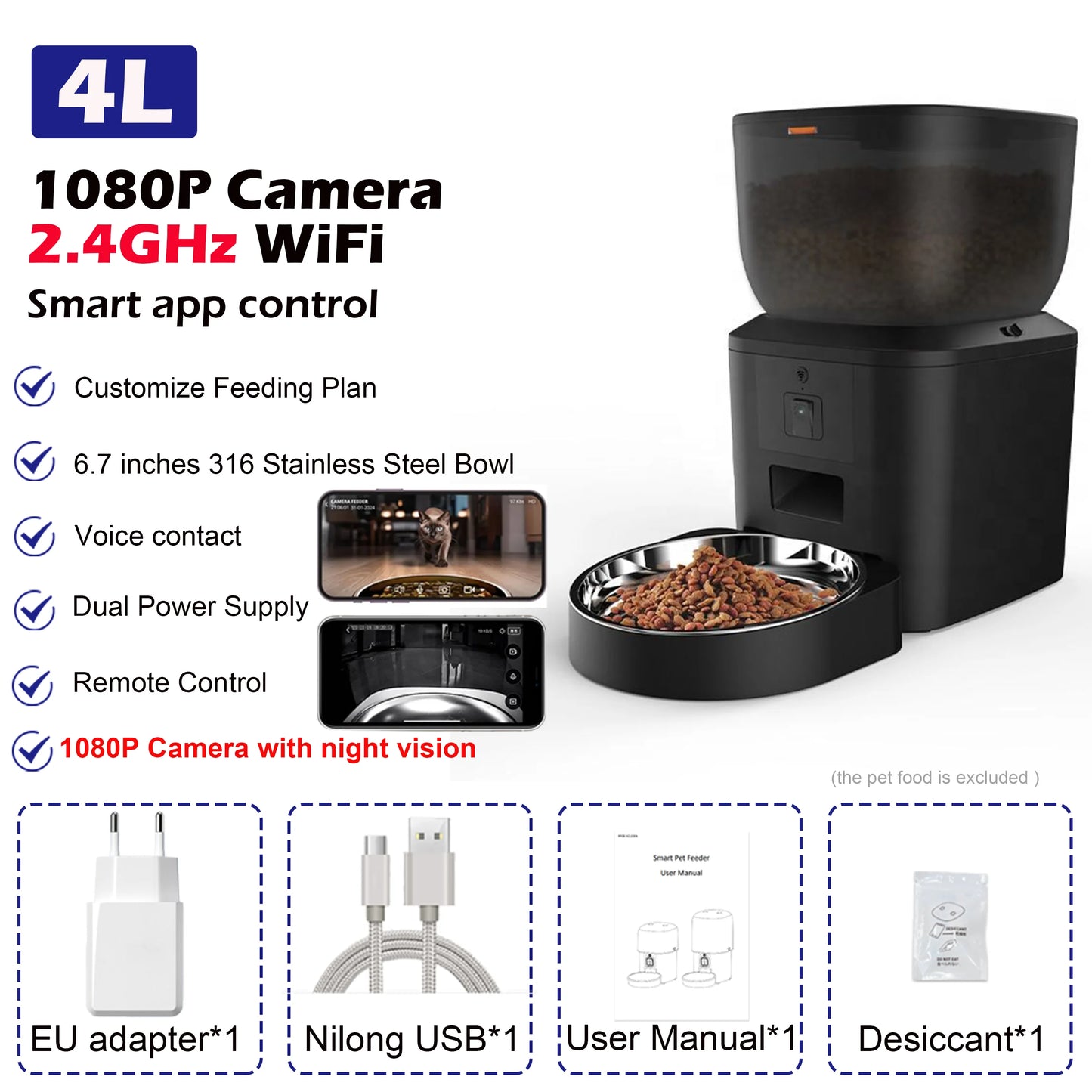 Automatic Cat Feeder with 1080P Camera Video Cat Food Dispenser Pet Smart Voice Recorder Remote Control Auto Feeder for Cat Dog