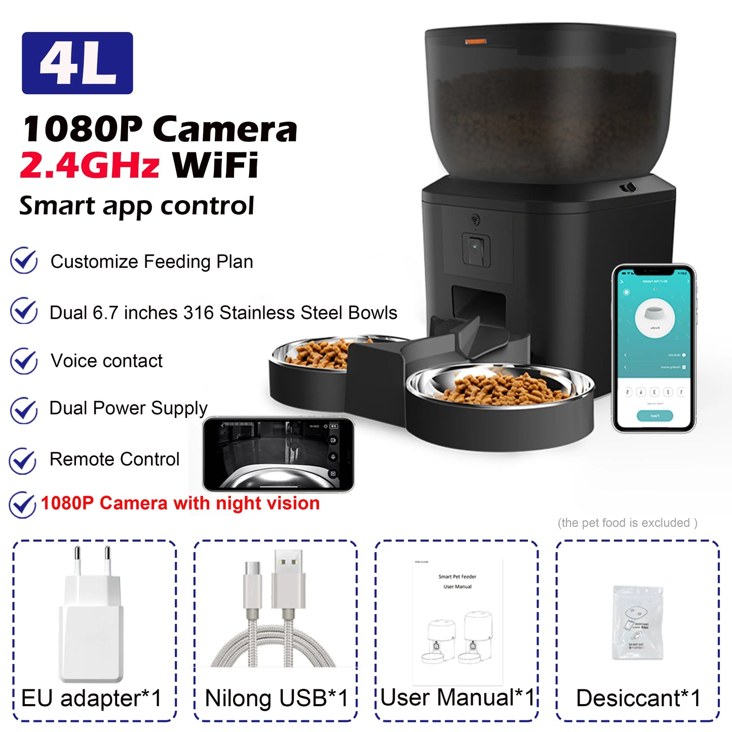 Automatic Cat Feeder with 1080P Camera Video Cat Food Dispenser Pet Smart Voice Recorder Remote Control Auto Feeder for Cat Dog