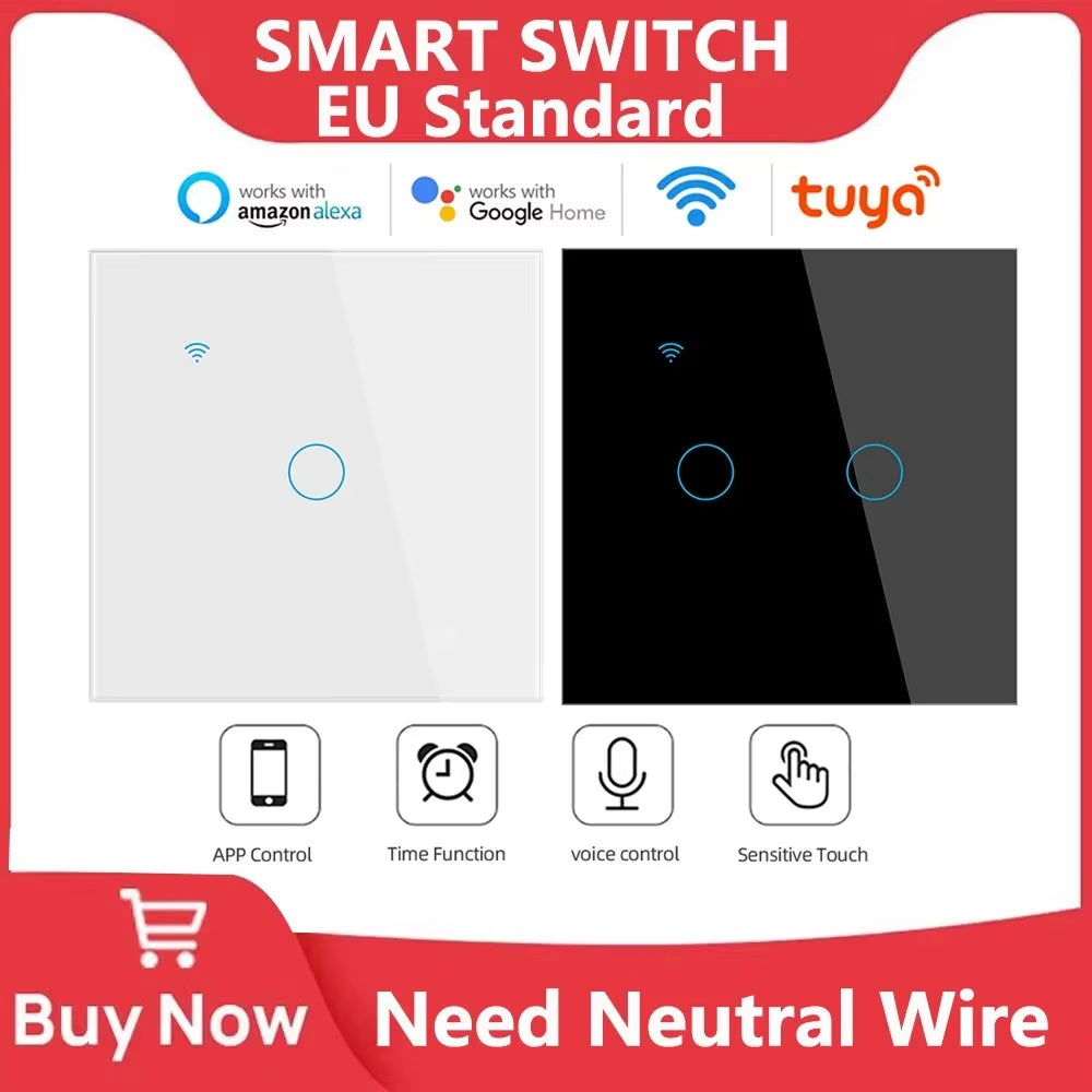 Wifi Smart Switch EU Light Wall Touch Switch 220V Need Neutral Wire Tuya Smart Life Work with Alexa Google Home 1/2/3/4 Gang