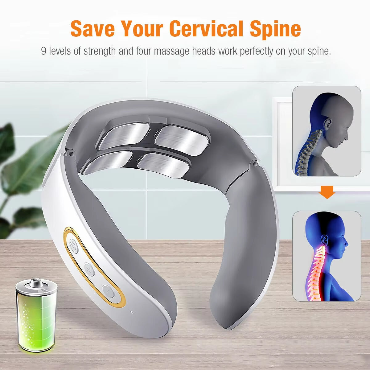 Electric Neck Shoulder Pulse Massager Kneading 4 Head TENS Magnetic Pulse Heating Cervical Vertebra Relax Pain Relief Massage