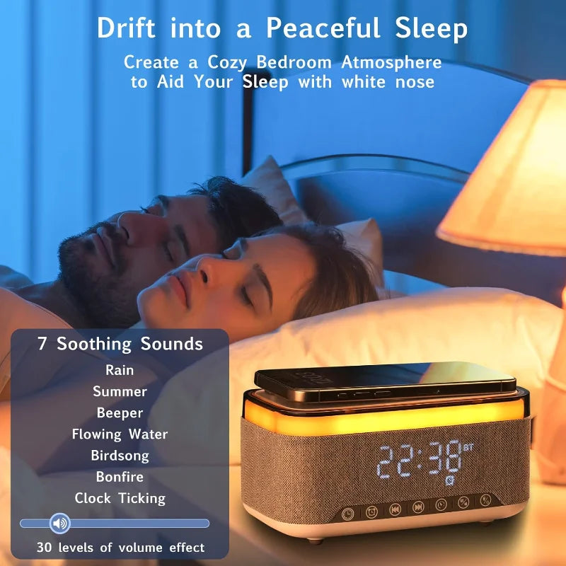 Wireless Charging Alarm Clock with Bluetooth Speaker & White Noise Machine, 15W Fast Charger, Fm Radio, Sleep Timer, 12-Color Ni
