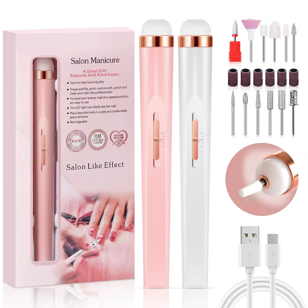 Electric Nail Polish Drill Set Machine with Light Portable with Battery Mini Electric Manicure Art Pen Tools for Gel Remover