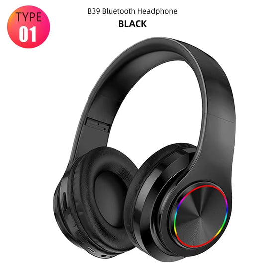 B39 LED Bluetooth V5.0 Headset Sports Wireless Headphone Subwoofer Wireless Stereo Support Card Earphone White for All Phone