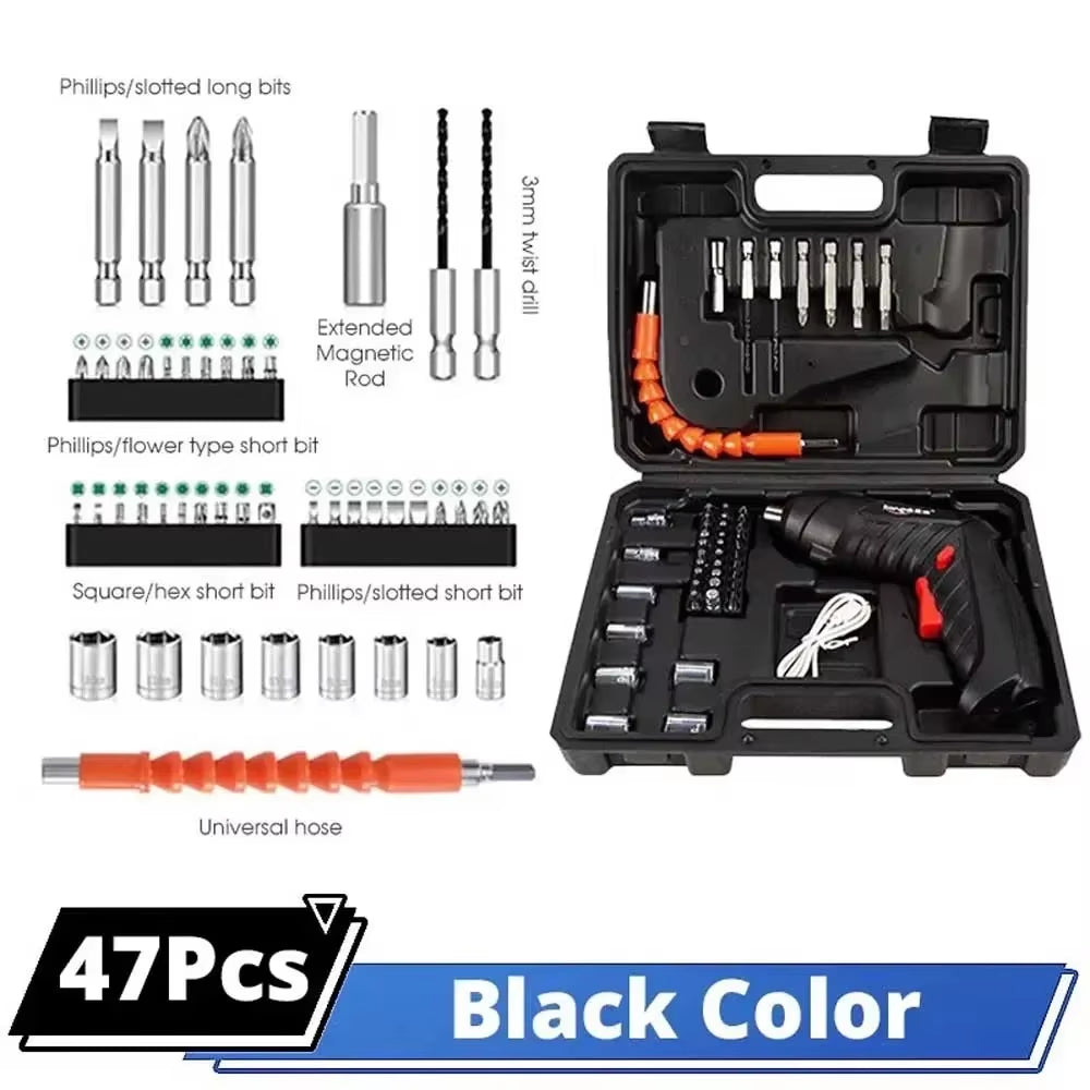 2/47Pcs 3.6V Screwdriver Kit Rechargeable Lithium Battery Cordless Electric Screwdriver Drill Kit Folding Home Power Tools