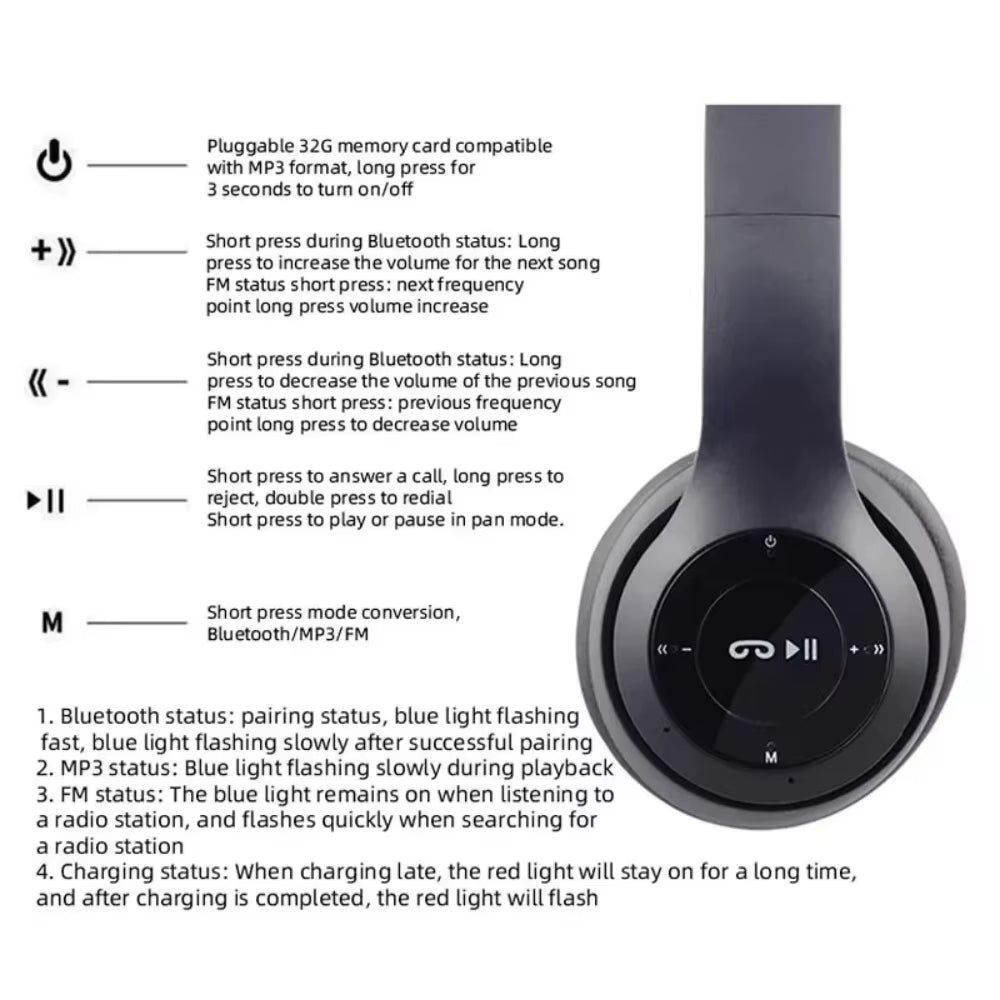 P47 Wireless Bluetooth Headphone with Microphone Foldable Headsets Bass Hifi Sound Music Stereo Earphone for Smartphones TV Game