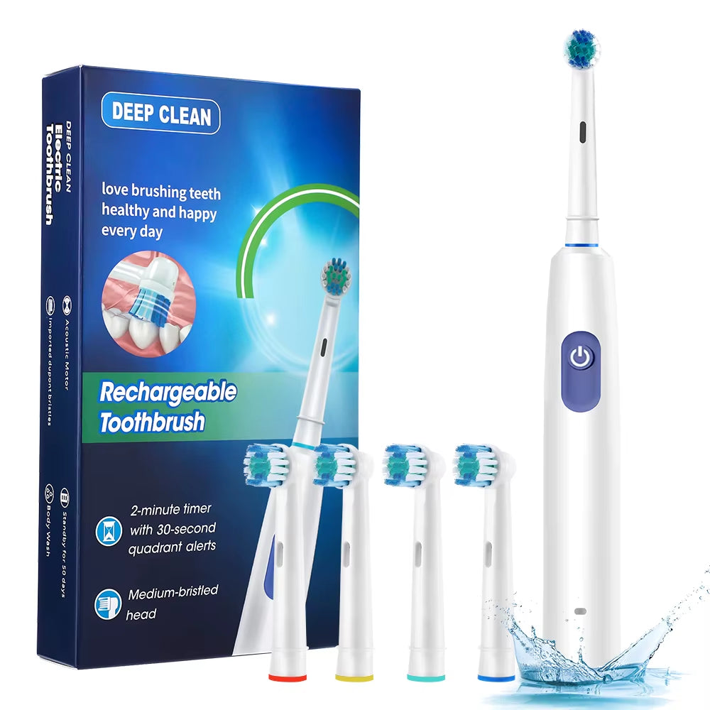 Smart Rotating Timing Electric Toothbrush, Rechargeable Rotary Toothbrush with 4 Heads, 5 Modes Setting Teeth Whitening Oral Car