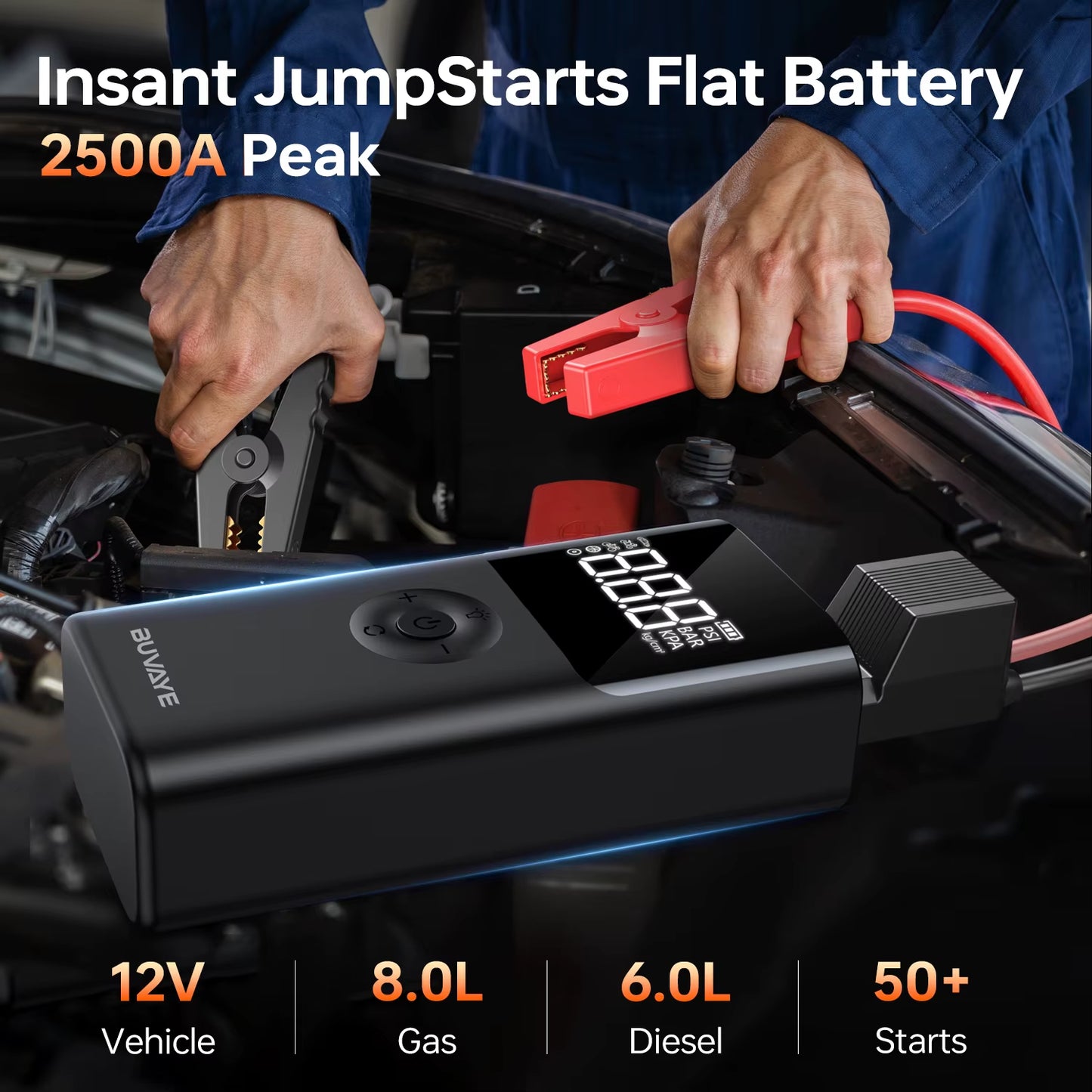 2500A Car Jump Starter Power Bank Portable 150PSI Air Pump 12V Battery Booster for 8.0L Gasoline and 6.0L Diesel Engines